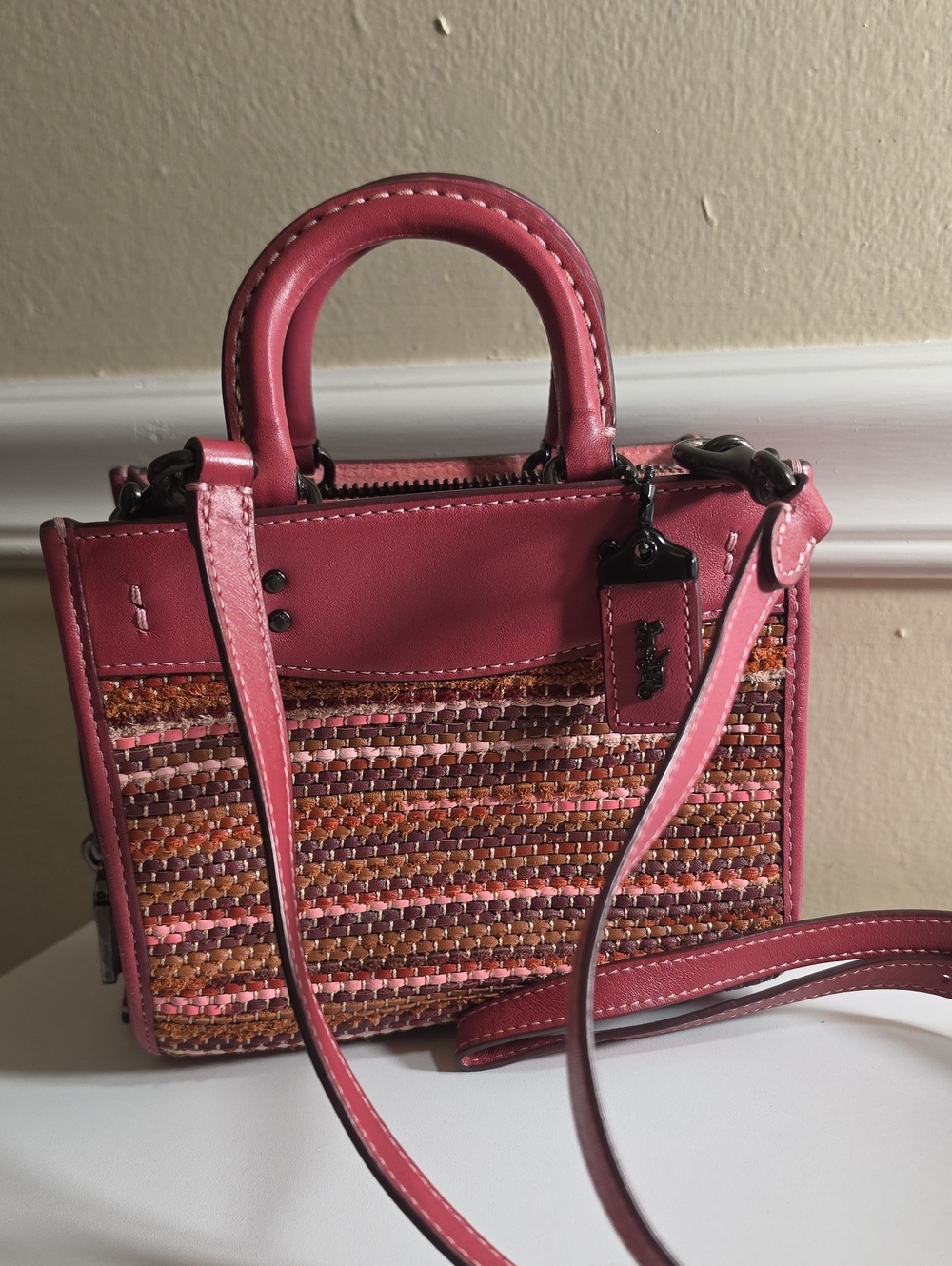 Coach Pink Upwoven Mini Satchel with Leather Trim